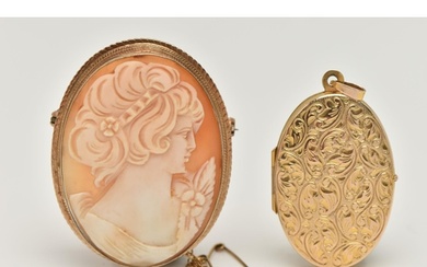 A 9CT GOLD LOCKET AND A SHELL CAMEO BROOCH, a yellow gold ov...