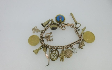 A 9ct gold charm bracelet with eighteen charms
