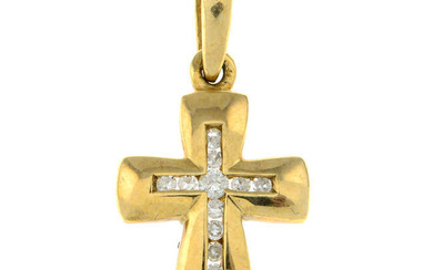 A 9ct gold cross pendant, with brilliant-cut diamond highlights.