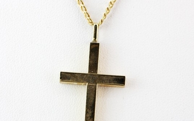 A 9ct yellow gold (stamped 9k) chain with a yellow metal cross pendant (tested gold), L. 64cm.