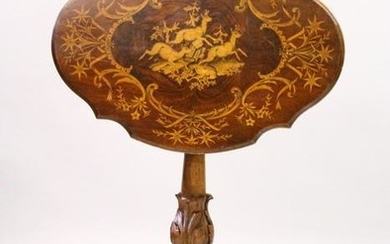 A "BLACK FOREST" WALNUT AND MARQUETRY TRIPOD TABLE, the