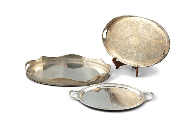 A COLLECTION OF THREE LARGE SILVER PLATED OVAL...