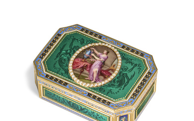 A CONTINENTAL JEWELLED AND ENAMELLED GOLD SNUFF-BOX PROBABLY SWITZERLAND, CIRCA...