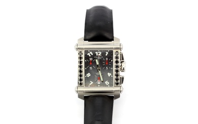 A Charriole Colvmbvs Geneve stainless steel and black diamond set wristwatch (no. 141) on a coated black leather strap.