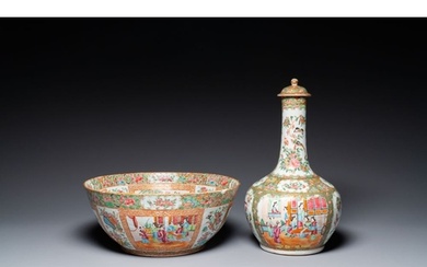 A Chinese Canton famille rose bowl and a covered bottle vase...