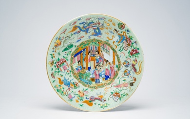 A Chinese Canton famille rose celadon ground dish with underglaze design, a palace scene and...