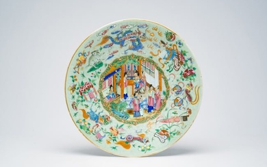 A Chinese Canton famille rose celadon ground dish with underglaze design, a palace scene and