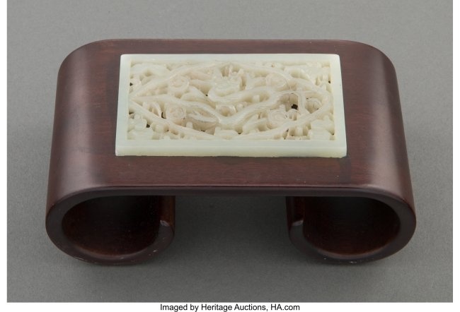 78015: A Chinese Carved Jade Plaque on a Wood Stand 2 x