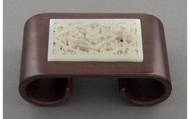 78015: A Chinese Carved Jade Plaque on a Wood Stand 2 x