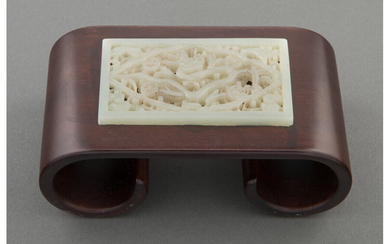 A Chinese Carved Jade Plaque on a Wood Stand