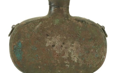 A Chinese archaic bronze vessel and cover, bianhu, Han