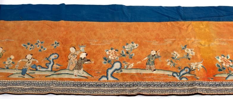 A Chinese embroidered altar cloth, 19th Century, depicting boys...