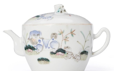 A Chinese enamelled porcelain teapot painted with palying puppies, Tongzhi (1861–1875) seal...