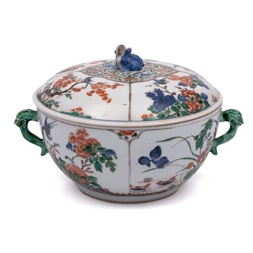 A Chinese famille verte two-handled circular bowl and cover:...