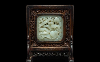 A Chinese hardwood table screen with inlaid carved white jade 'spring water' belt plaque, Ming