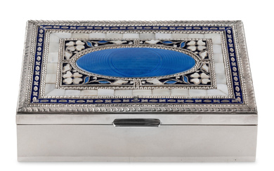 A Cooke and Kelvey Enamel and Mother of Pearl-Inset Silver Box