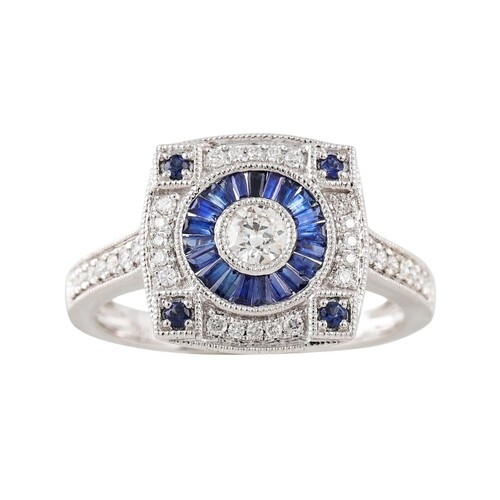 A DIAMOND AND SAPPHIRE CLUSTER RING, in the Art Deco style, ...