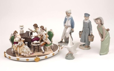 A Dresden style porcelain figure group of a lady and two gentlemen at leisure, 20th century, the gentlemen seated playing the piano and the lute, the lady seated and reading, to an oval footed base with gilt crowns, imitation Capodimonte blue...