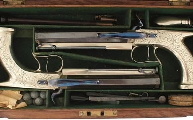 A FINE CONDITION CASED PAIR OF 50-BORE GERMAN SILVER