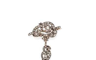 A GOLD, SILVER-TOPPED GOLD AND DIAMOND BROOCH