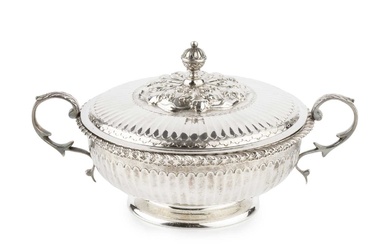 A George V silver twin handled shallow bowl and cover,...