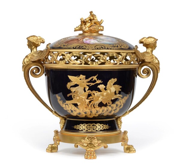 A Gilt Metal Mounted Sèvres Style Porcelain Pot Pourri Vase and Cover, early 20th century, of...
