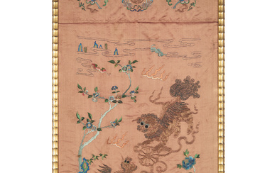 A Gold and Silver-Thread Embroidered Apricot-Ground 'Buddhist Lions' Panel, 19th Century