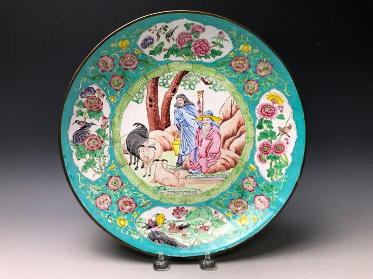 A Hand Painted Turquoise Ground Figural Enamel Plater