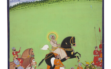 A LARGE PAINTING OF MAHARANA SAJJAN SINGH IN PROCESSION WITH HIS COURTIERS INDIA, RAJASTHAN, MEWAR, ASCRIBED TO SHIVALAL, DATED 1881