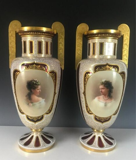 A LARGE PAIR OF 19TH CENTURY BOHEMIAN GLASS VASES