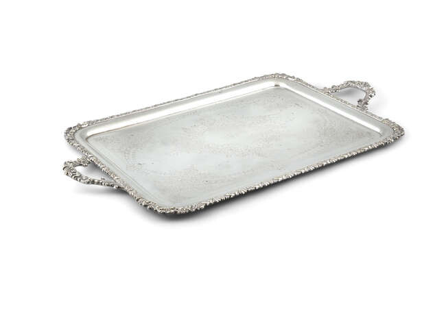 A LARGE SILVER PLATED TWO HANDLED SERVING TRAY,...