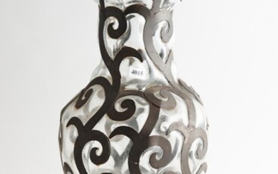 A LARGE WROUGHT IRON CAGED GLASS VASE, 56 CM HIGH, LEONARD JOEL LOCAL DELIVERY SIZE: SMALL