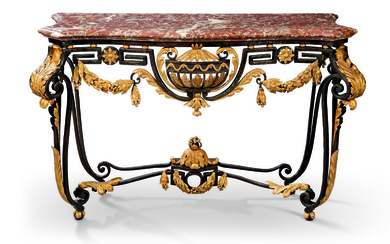 A LATE LOUIS XV GILT-TOLE AND WROUGHT IRON CONSOLE TABLE