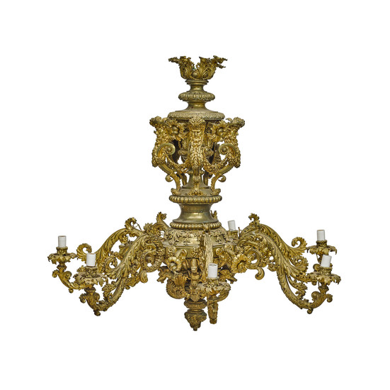 A Louis XIV Style Gilt Bronze Seven Light Chandelier