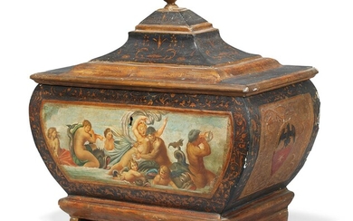 A NORTH ITALIAN PAINTED AND PARCEL-GILT CASKET, SIENA, 19TH CENTURY