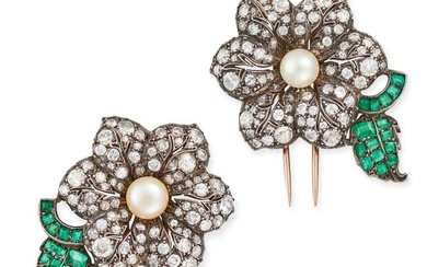 A PAIR OF ANTIQUE DIAMOND, PEARL AND EMERALD FLOWER CLIP BROOCHES in yellow gold and silver, each...