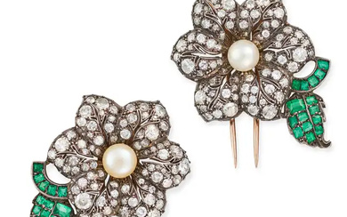 A PAIR OF ANTIQUE DIAMOND, PEARL AND EMERALD FLOWE ...