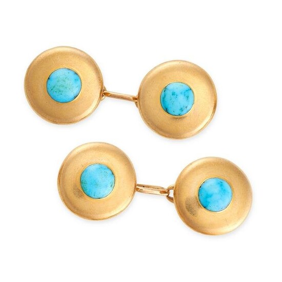 A PAIR OF ANTIQUE TURQUOISE CUFFLINKS in yellow gold