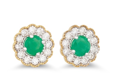 A PAIR OF DIAMOND AND EMERALD TARGET EARRINGS, the round eme...