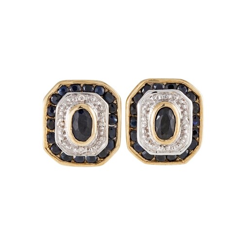 A PAIR OF DIAMOND AND SAPPHIRE CLUSTER EARRINGS, the collet ...