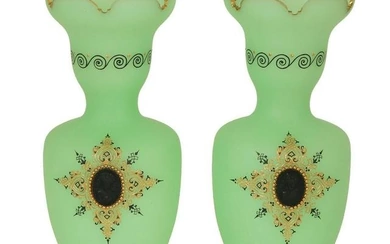 A PAIR OF FRENCH GREEN AND WHITE OPALINE VASES WITH CAMEO