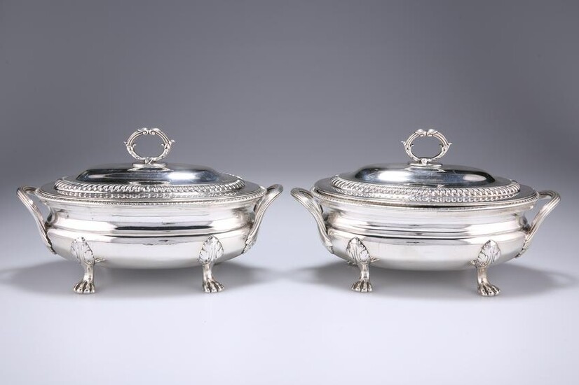 A PAIR OF GEORGE III SILVER SAUCE TUREENS, probably by