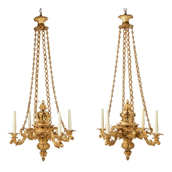A PAIR OF GEORGE IV GILT-BRASS FOUR-LIGHT CHANDELIERS, CIRCA 1830