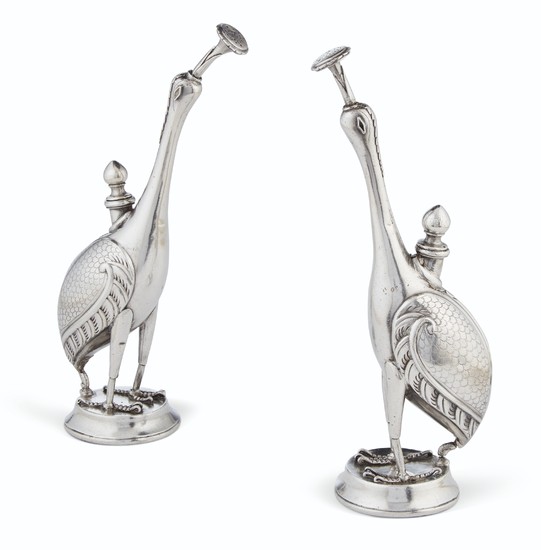 A PAIR OF INDIAN SILVER STORK FORM ROSE WATER SPRINKLERS, 19TH CENTURY