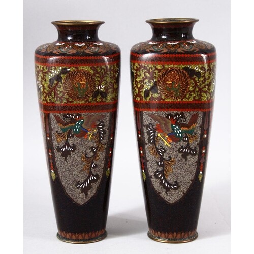 A PAIR OF JAPANESE CLOISONNE VASES, with panels of phoenix a...