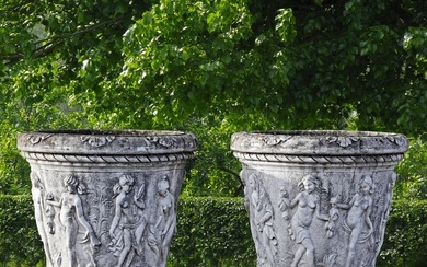 A PAIR OF LARGE COMPOSITION STONE GARDEN URNS, LATE 20TH CENTURY