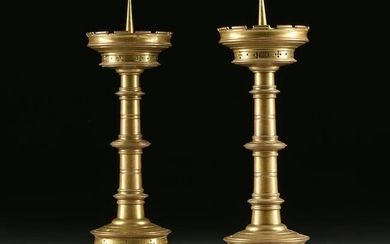 A PAIR OF MEDIEVAL STYLE BRONZE CHURCH ALTAR PRICKET