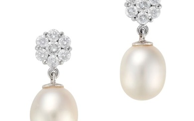 A PAIR OF PEARL AND DIAMOND DROP EARRINGS each set with a cluster of round brilliant cut diamonds