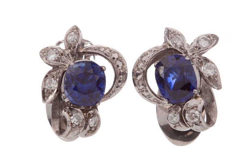 A PAIR OF SYNTHETIC SAPPHIRE AND DIAMOND EARRINGS