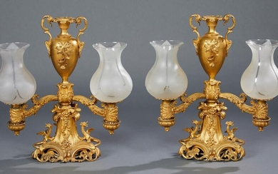 A PAIR OF WILLIAM IV ORMOLU TWO LIGHT ARGAND LAMPS